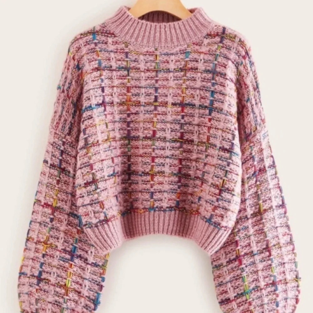 Shein Size Small Pink Boucle Mockneck Chunky Sweater Rainbow Knit Stripe Cropped